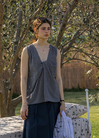 Lemon Noon Check Vest Top | Linen Cotton Sleeveless V-Neck Shirt(2COLOR)