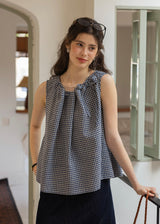 Blue Gingham Ribbon Tie Sleeveless A-Line Top