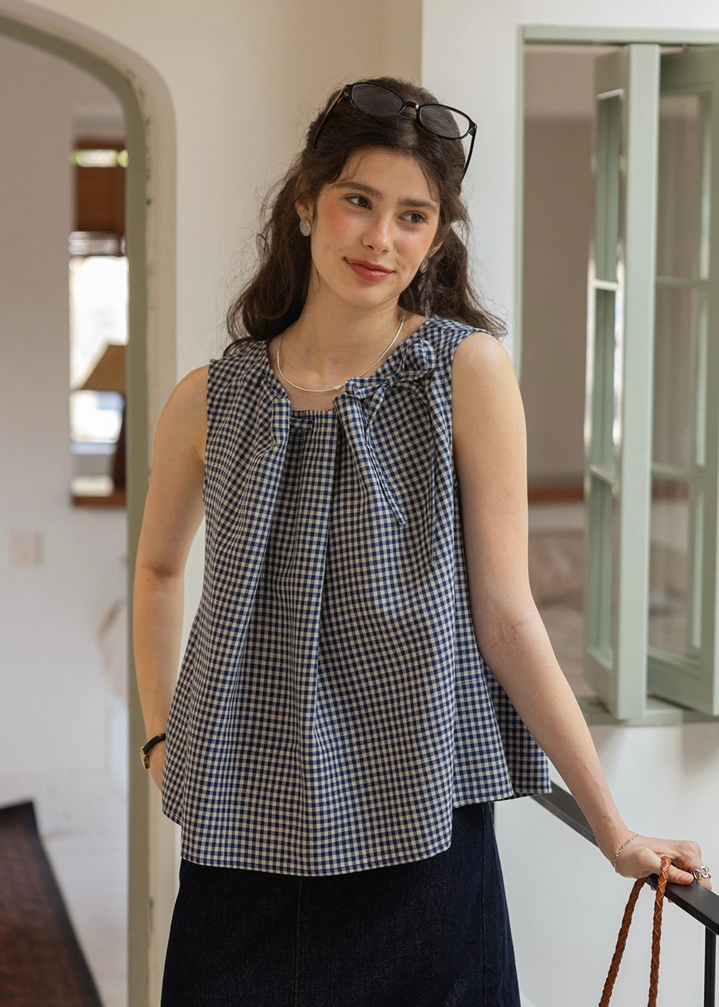 Blue Gingham Ribbon Tie Sleeveless A-Line Top