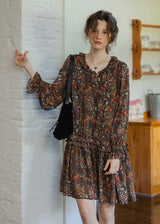 Fleur Noire Vintage Floral Ruffle Collar Midi Dress