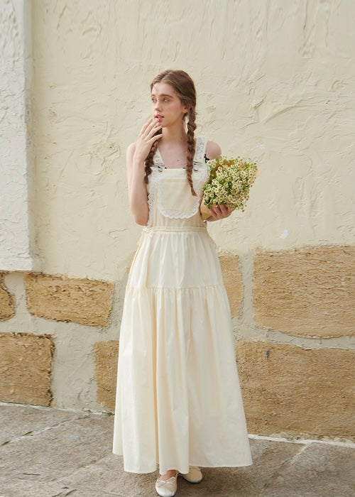 Daisy Lace Suspender Cream Vintage Maxi with Embroidered Bib