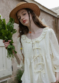 Light Yellow Ribbon Pin-tuck Romantic Vintage Blouse