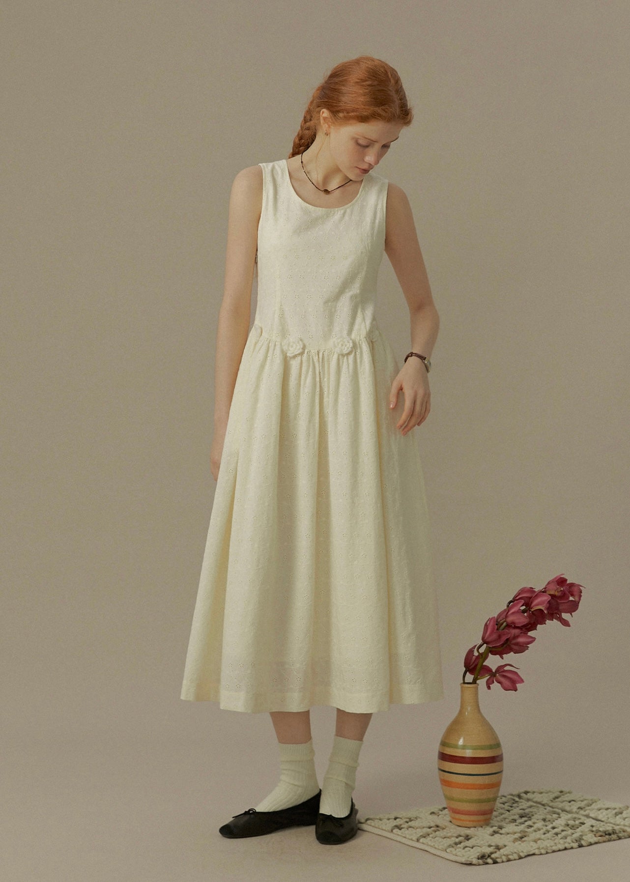 Warm Ivory Textured Sleeveless A-Line Dress