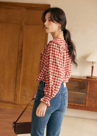 Rosie Ruffle Blouse | Vintage Red Gingham Floral Embroidered Top