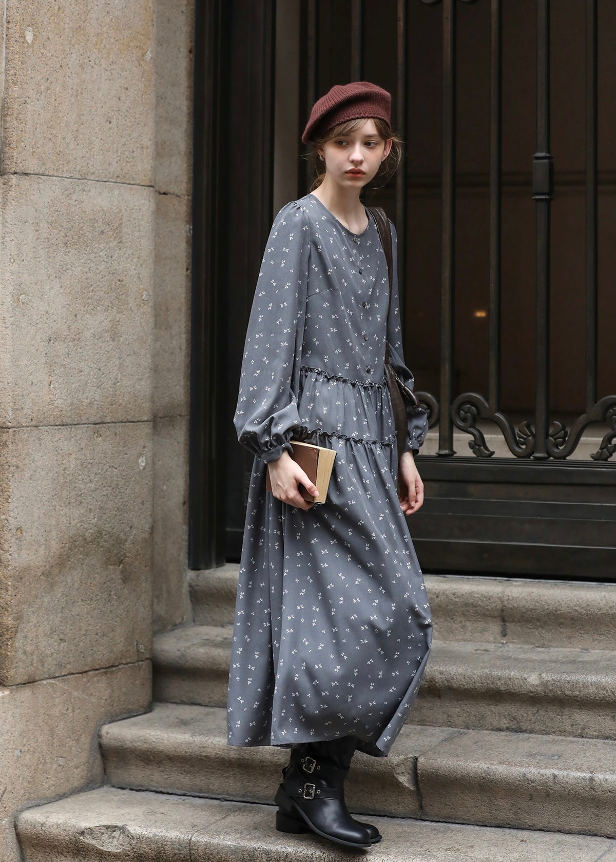 Shirred Waist Vintage Floral Long Dress