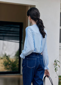 Cloudlight Pin Tuck Blouse | Vintage Blue Long Sleeve Ruffle Shirt