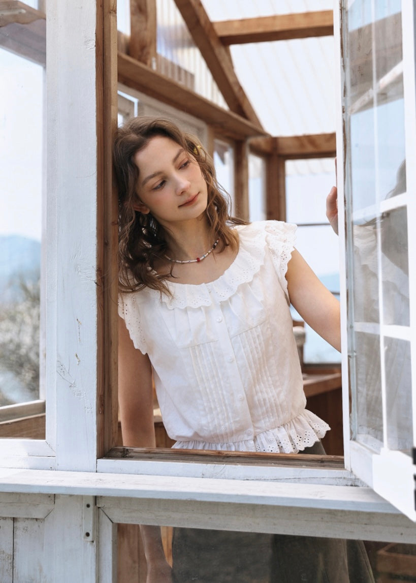 Lucie Ruffle Lace Blouse | Vintage White Cotton Summer Top