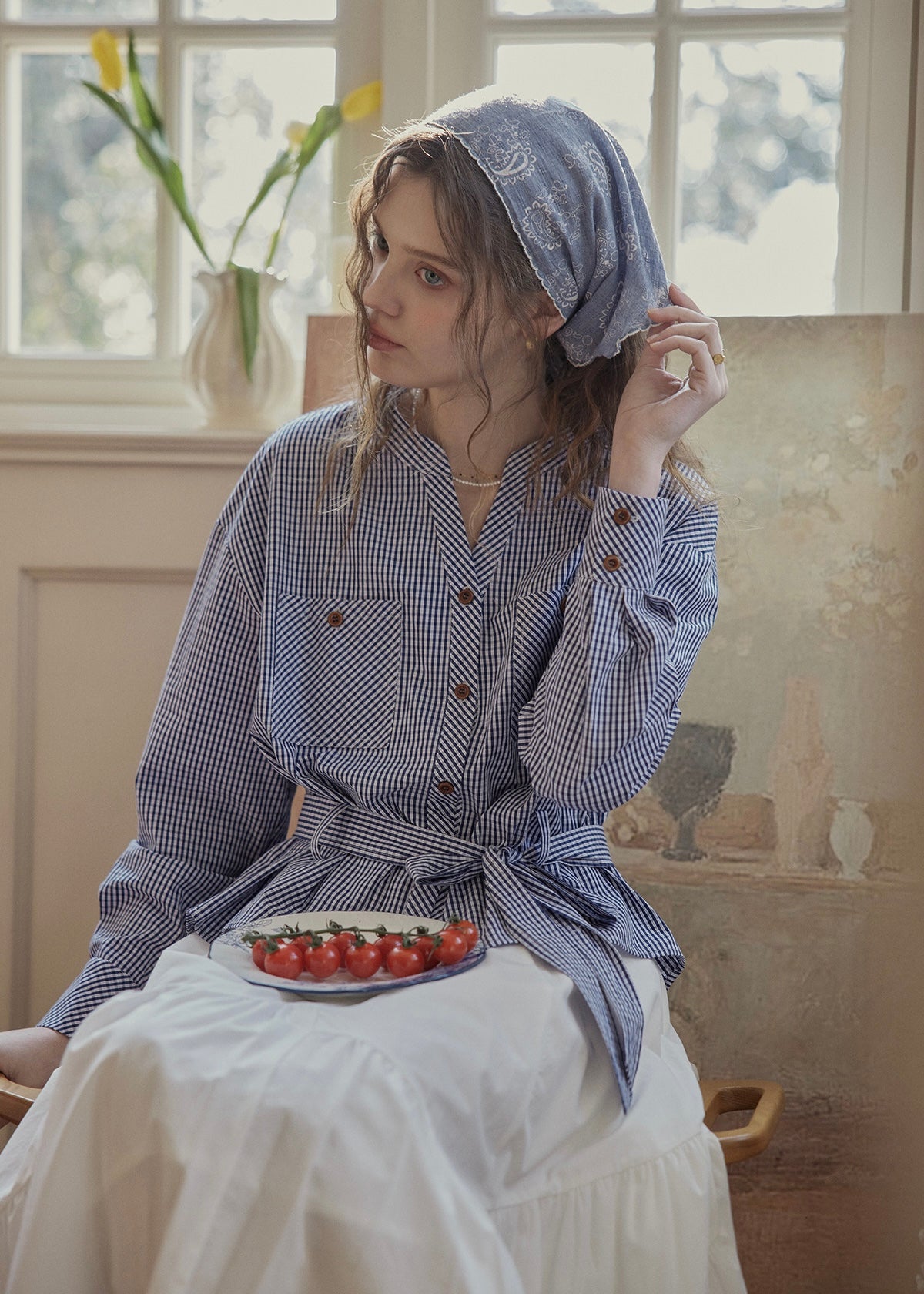 Blue Letter Gingham Tie-Waist Vintage Blouse