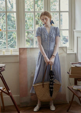 Blue Stripe Button Vintage Short Sleeve Dress