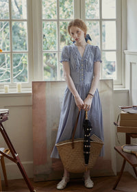 Blue Stripe Button Vintage Short Sleeve Dress
