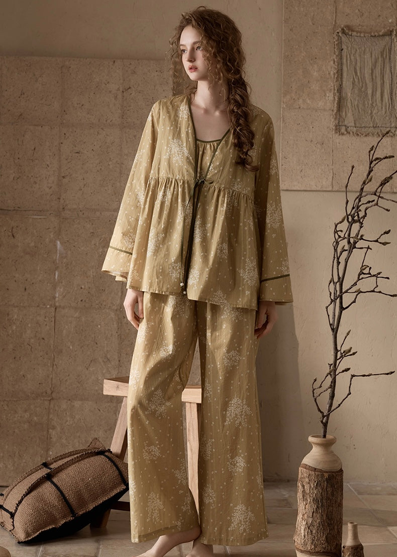 Evening Bloom 3-Piece Cotton Vintage Pajama Set