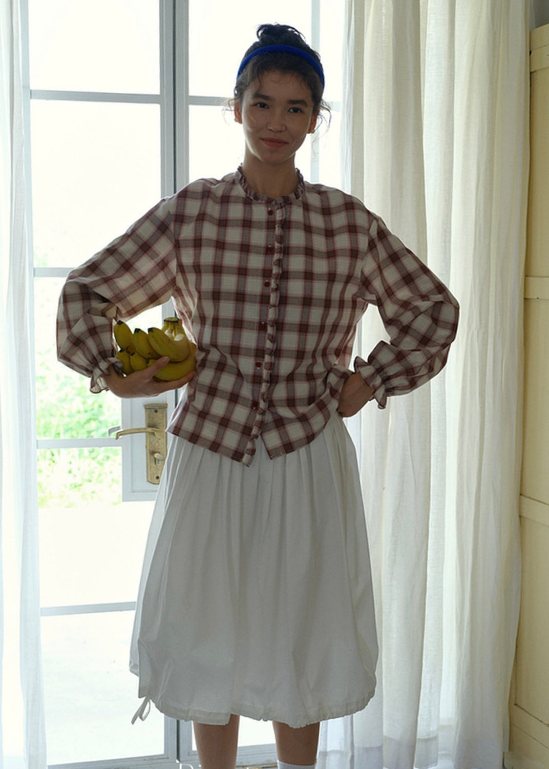 Vintage Plaid Ruffle Collar Lantern Sleeve Blouse