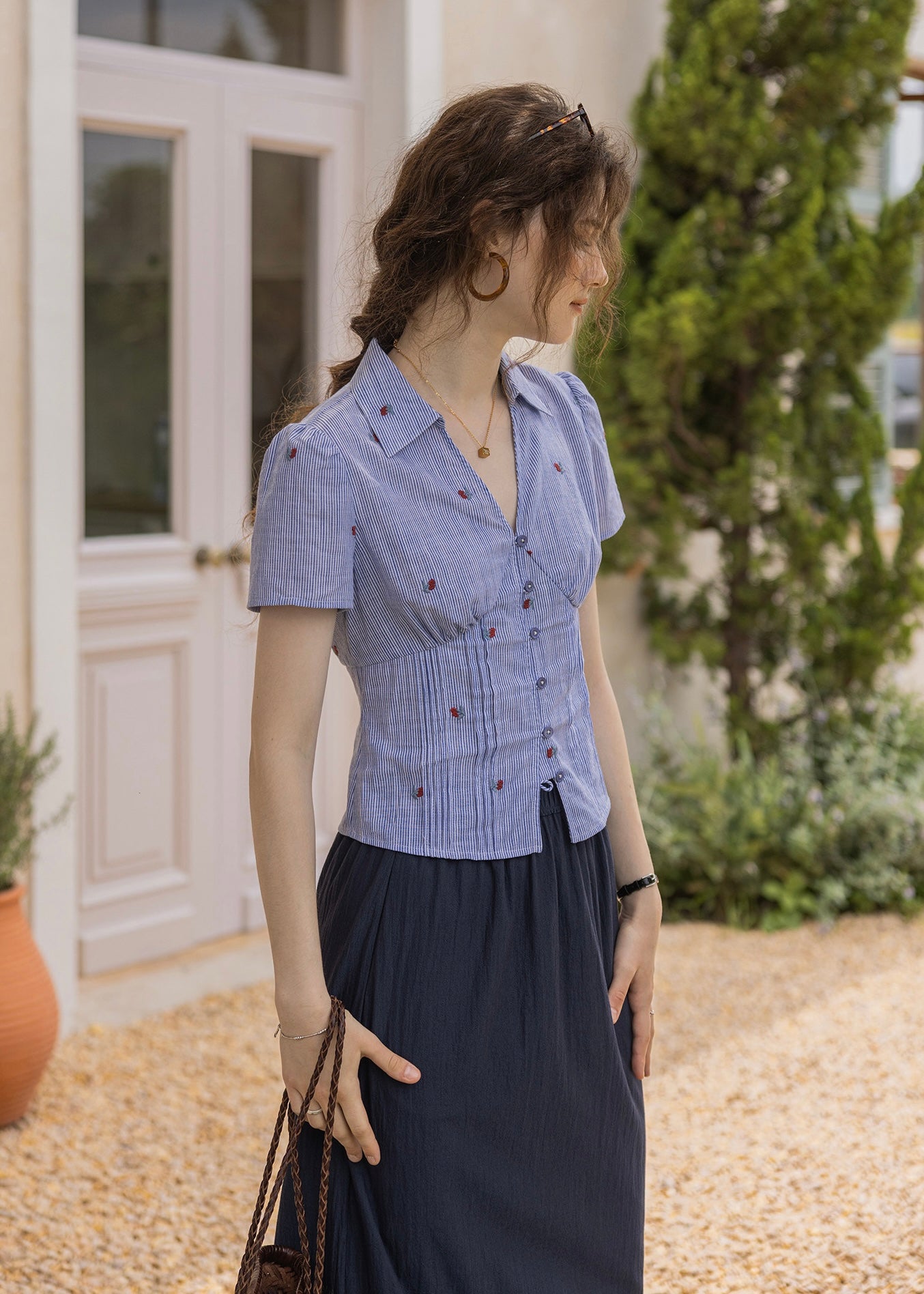Cherry Stripe Embroidered Vintage Blouse