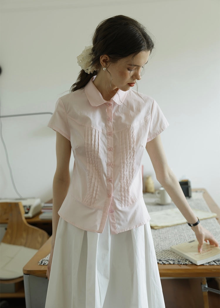 April Tuck Blouse | Vintage Pink Short Sleeve Shirt with Pintuck Detail