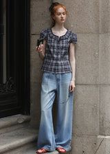 Vienna Plaid Ruffle Blouse | Vintage Puff Sleeve Check Top