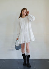 White Vintage Doll Collar Ruffle Pintuck Mini Dress