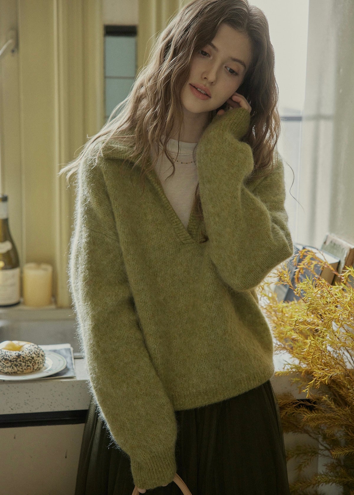 Soft Ember Mohair Deep V-Neck Sweater(2COLOR)