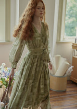 Vintage Sage Green Floral Wrap Maxi Dress