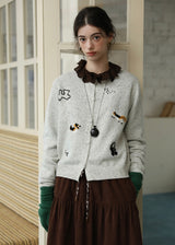 Little Friends Embroidery Knit Wool Cardigan(2COLOR)