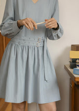 Soft Mist Belted Vintage Pastel Blue Dress