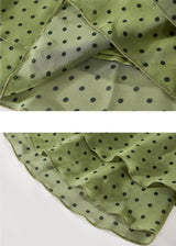 Sage Green Polka Dot Sheer Ruffle Flare Midi Skirt
