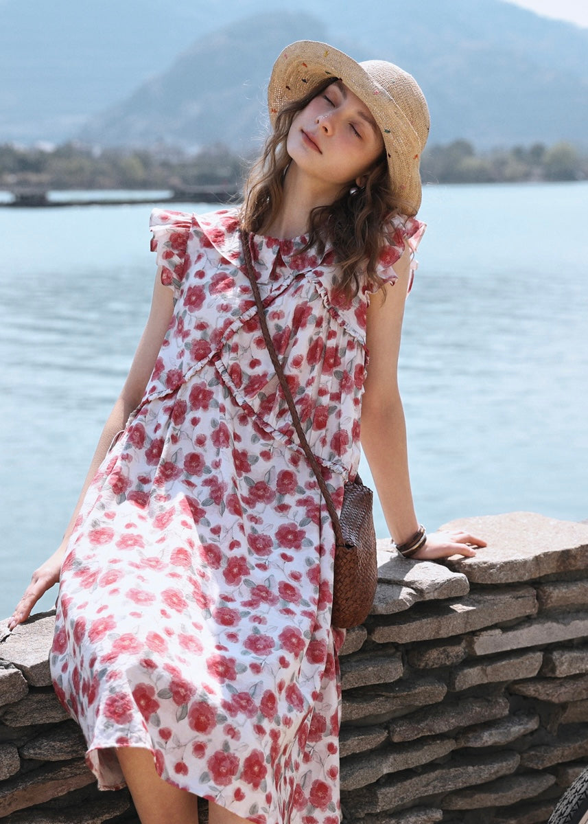 Rosalie Ruffle Floral Dress | Romantic Red Flower Midi Dress for Summer