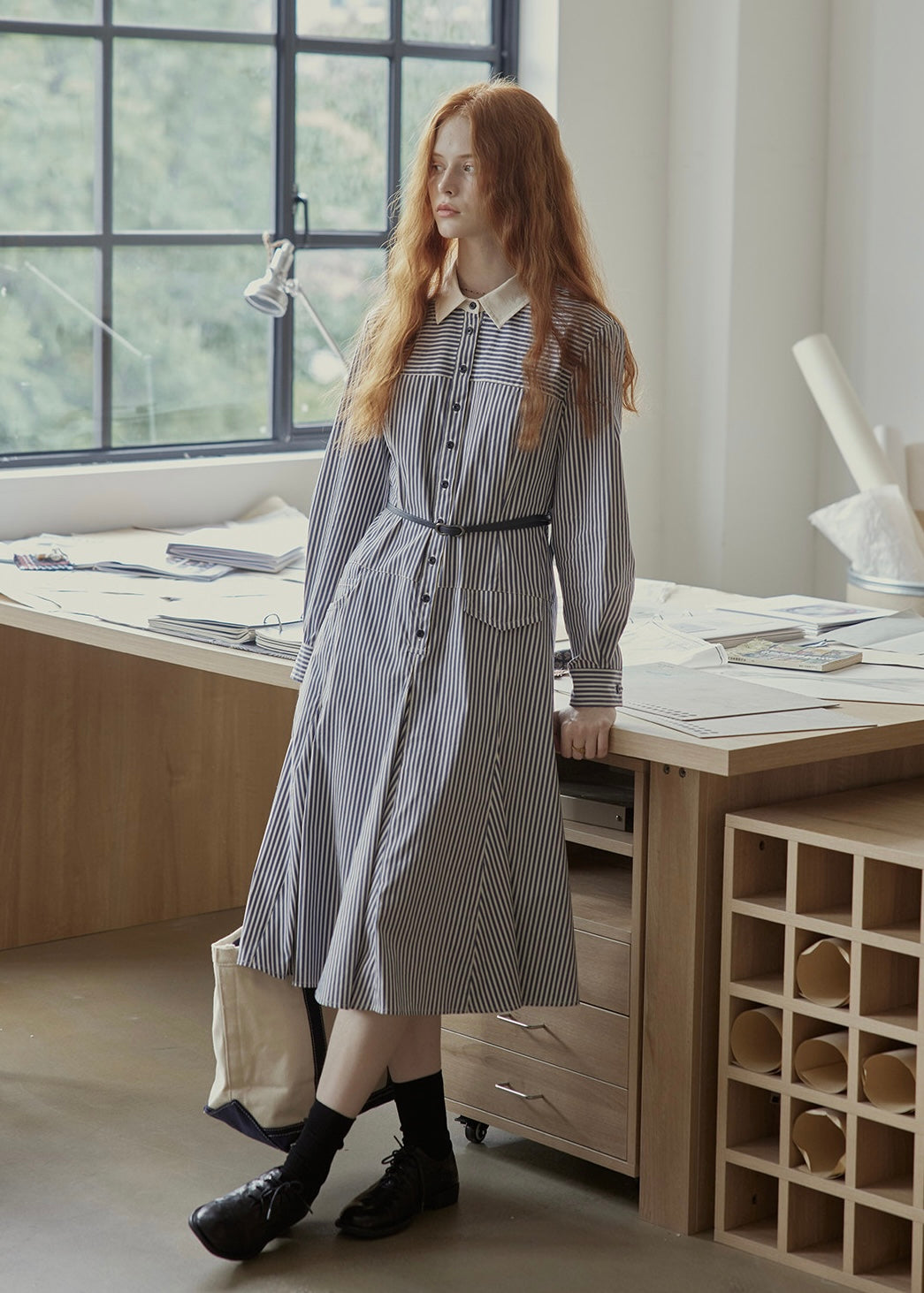 Colette Blue Stripe Belted Shirt Dress