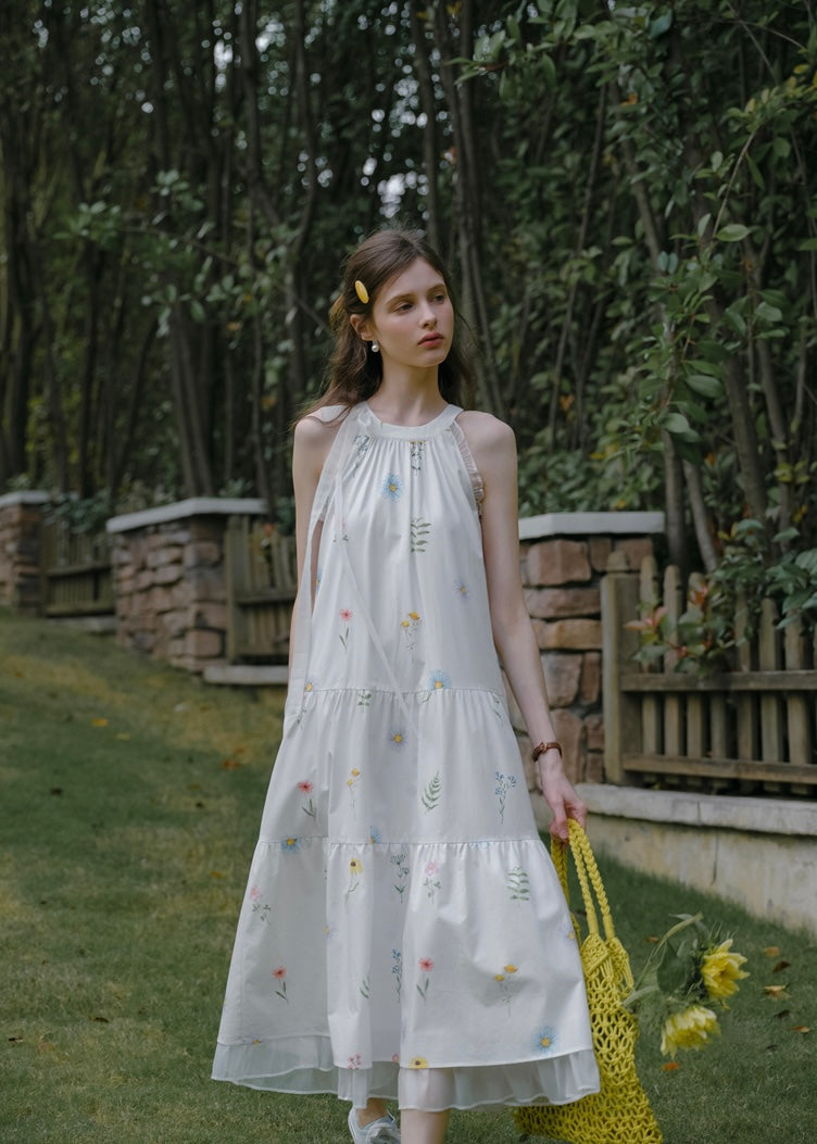 Field Whispers White Embroidered Halter Neck Dress