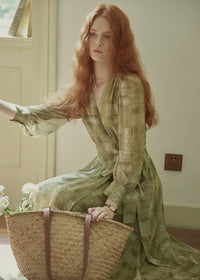 Vintage Sage Green Floral Wrap Maxi Dress