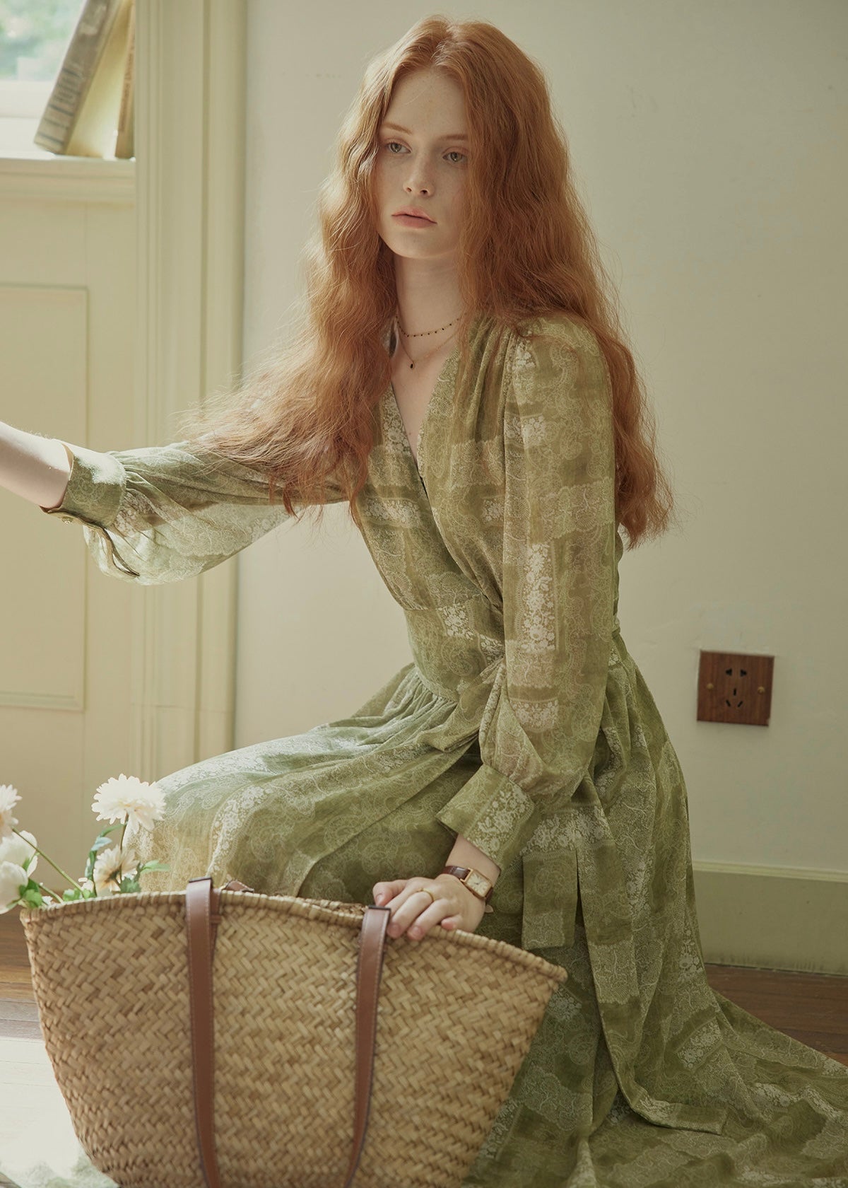 Vintage Sage Green Floral Wrap Maxi Dress