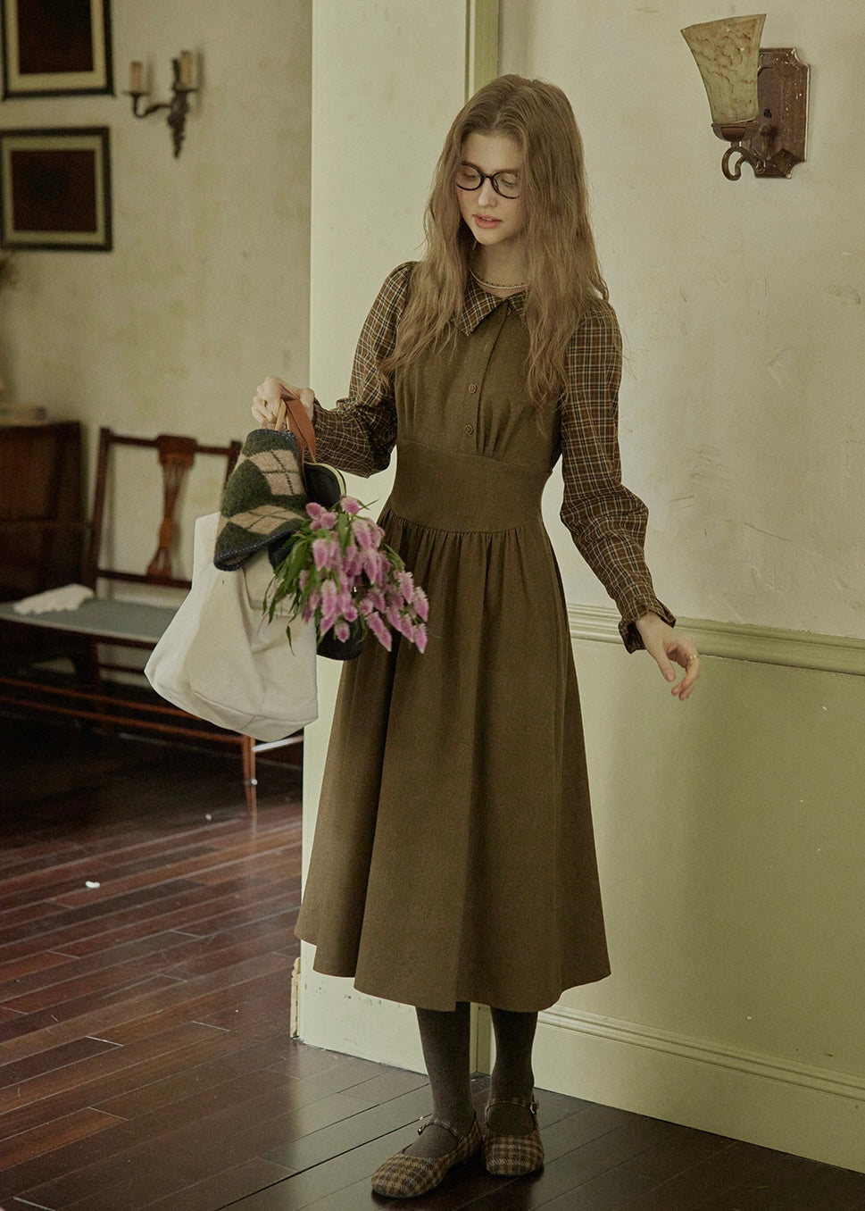 Olive Library Layered Check Dress