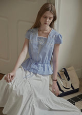 Elodie Blue Gingham Embroidered Tie-Waist Blouse