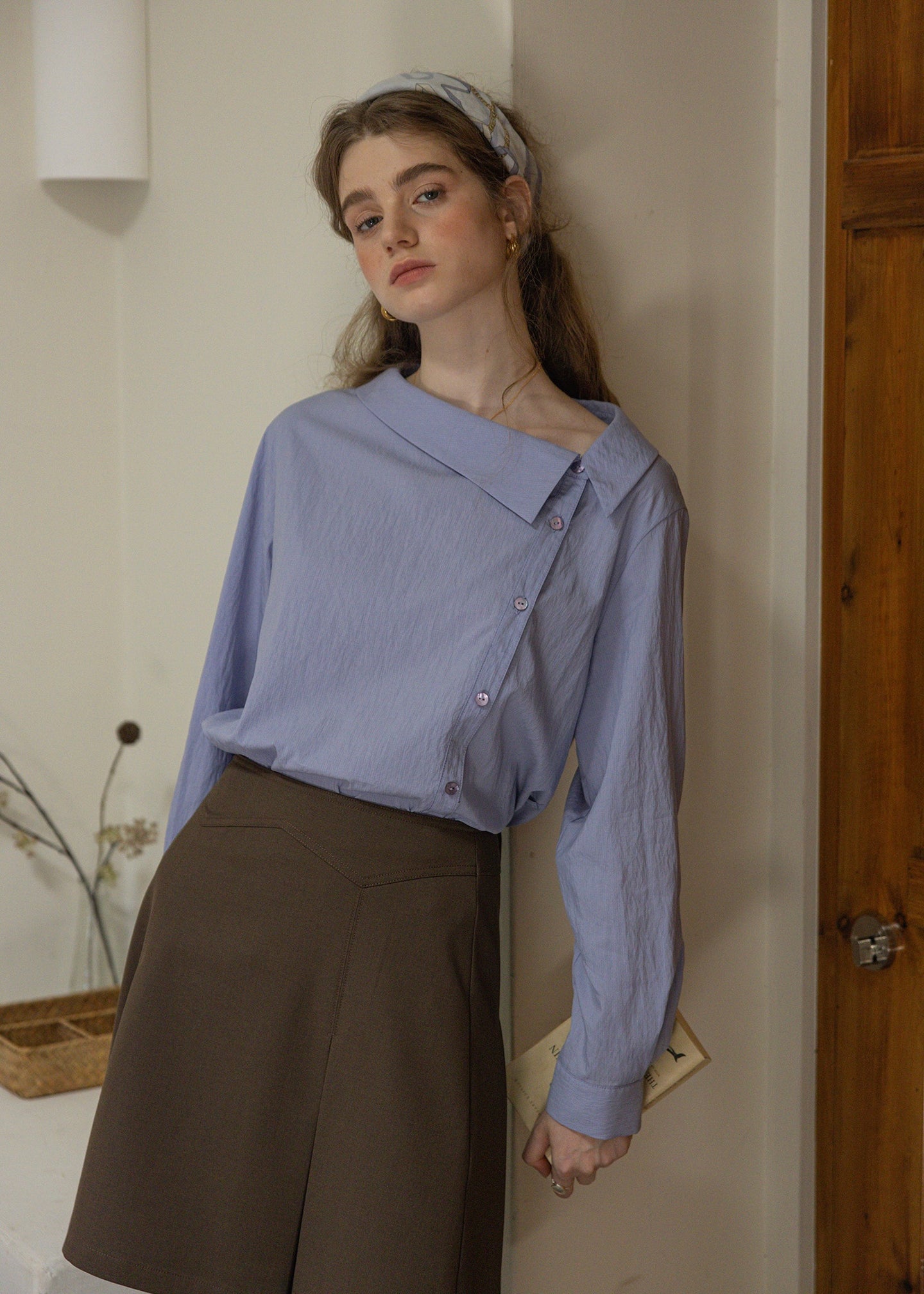 Asymmetric Collar Modern Vintage Button Blouse(2COLOR)