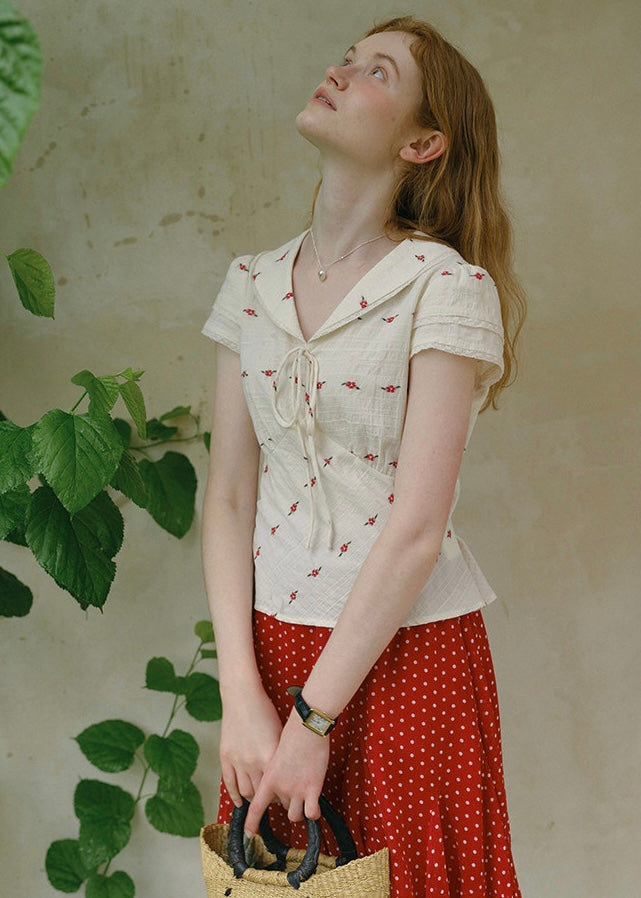Roselle Lace Trim V-Neck Tie Blouse Puff Sleeve Slim Fit Top