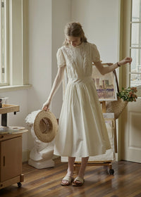 Ivory Poise Embroidered Puff Sleeve Midi Dress