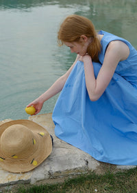 Sky Blue Sleeveless Cotton Summer Loose and Slim Dress