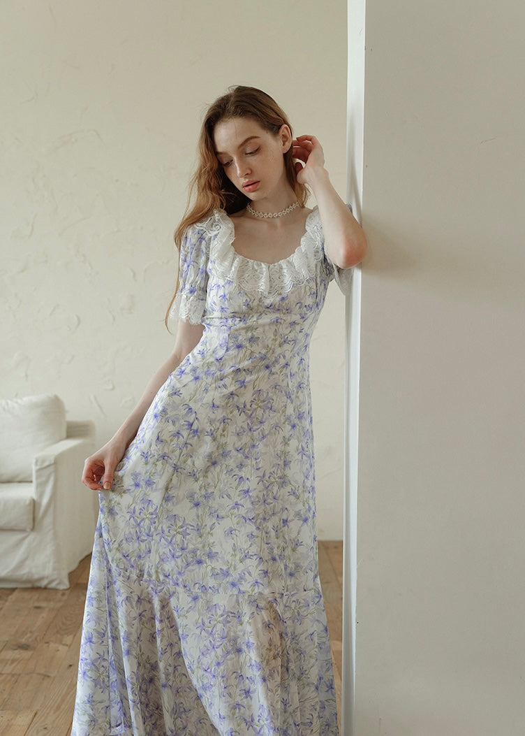 Lavender Lace Waltz Dress | Vintage Floral Puff Sleeve Dress