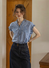 Embroidered Frill Sleeve Linen Blend Blouse(2COLOR)