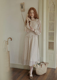 Vintage Floral Smocked Waist Ruffle Neck Long Dress