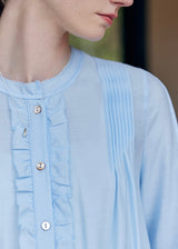 Cloudlight Pin Tuck Blouse | Vintage Blue Long Sleeve Ruffle Shirt