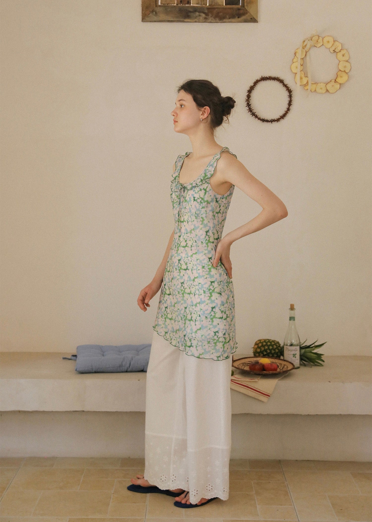 Green Petal Sheer Floral Ribbon Sleeveless Top