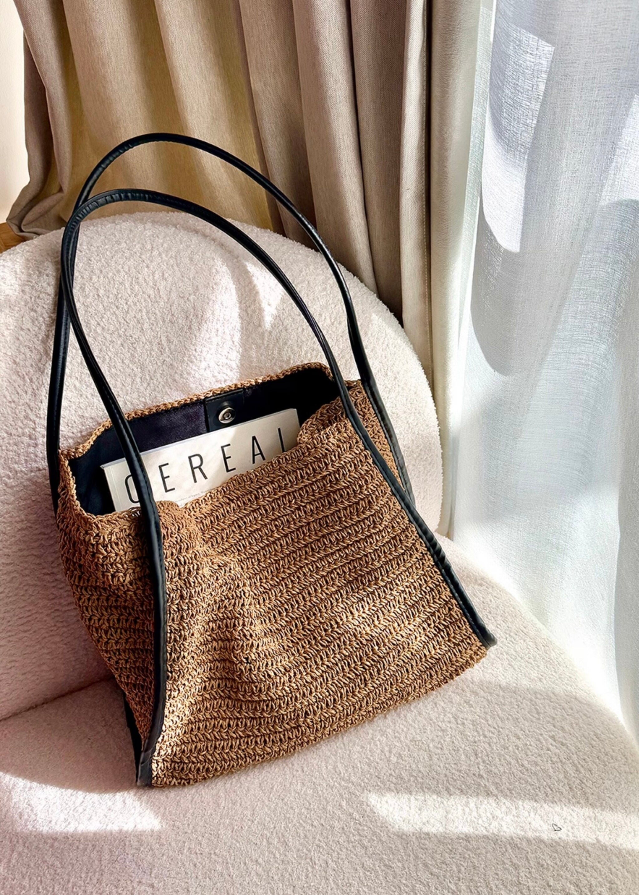 Slouchy Woven Straw Shoulder Bag