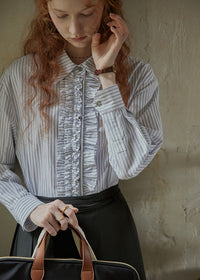 Silent Elegance Ruffle Classic Stripe Long Sleeve Blouse
