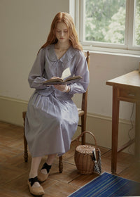Vintage Ribbon Embroidered Blouse & Pleated Skirt Set