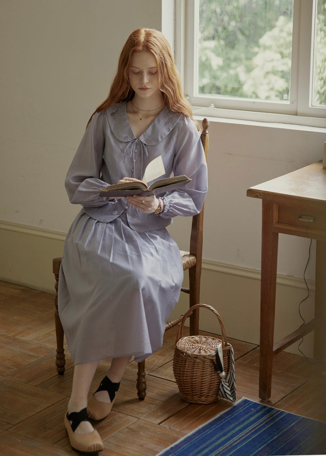 Vintage Ribbon Embroidered Blouse & Pleated Skirt Set