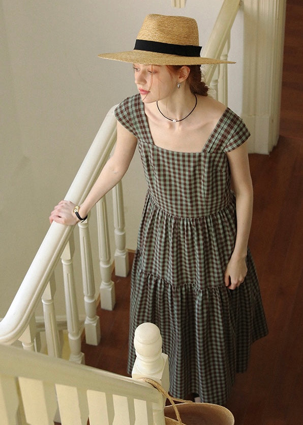 Mellow Check Tiered Dress | Vintage Green Gingham Sleeveless Long Dress