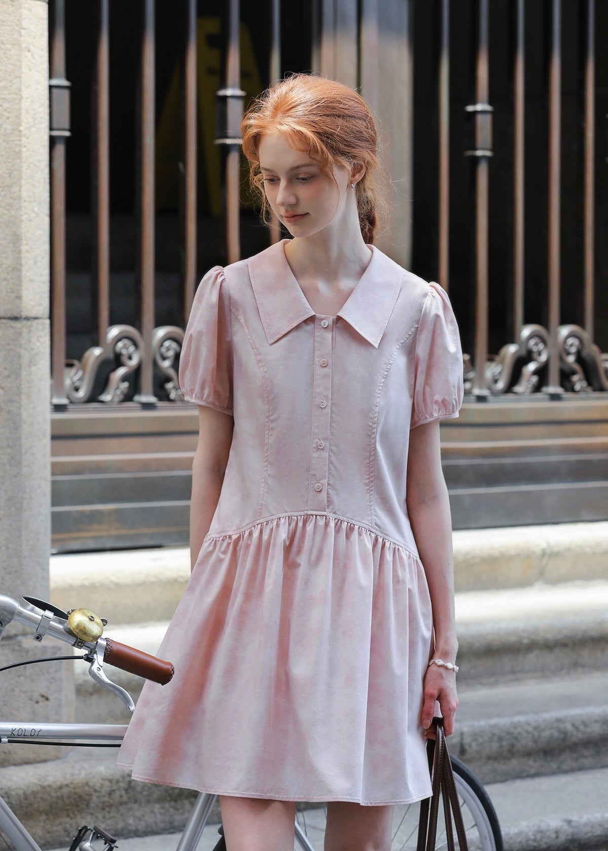 Rosecloud Button Soft Pink Puff Sleeve Mini Dress