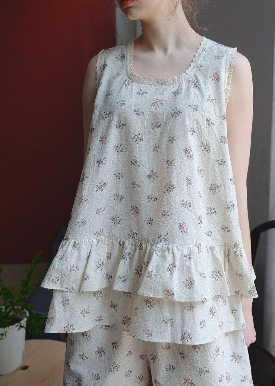 Cream Petaline Cotton Pajama Set Floral Lace Trim Layered Lounge Set