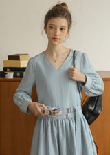 Soft Mist Belted Vintage Pastel Blue Dress
