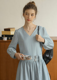 Soft Mist Belted Vintage Pastel Blue Dress